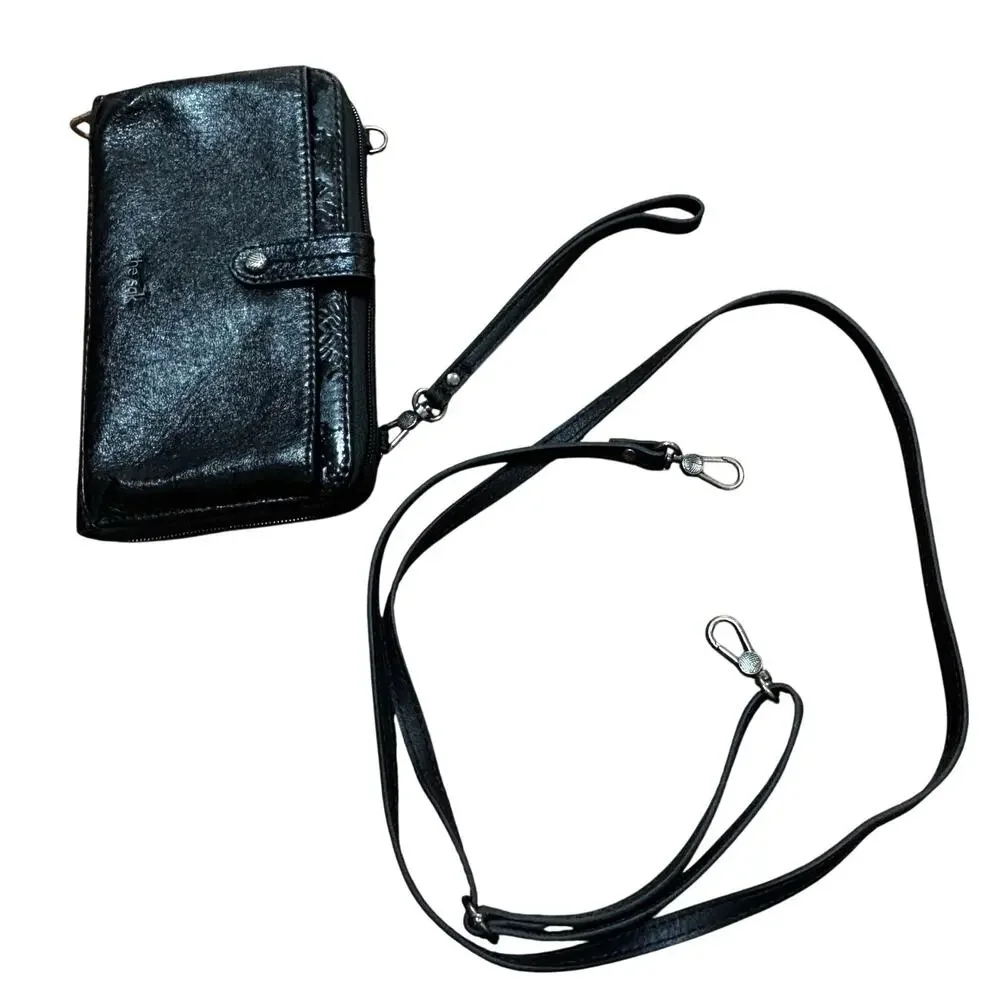 THE SAK black leather clutch purse wristlet crossbody bag zip around wallet